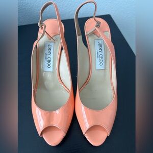 Jimmy Choo Peach Patent Slingback Peep-Toe Pumps
